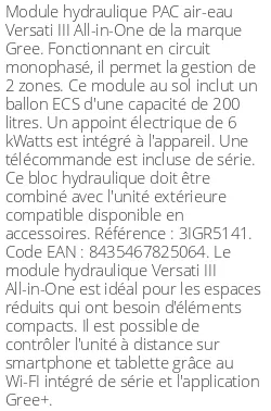 Module hydraulique Versati III All-in-One 14 kWatts 200 Litres Monophasé R32