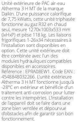 Unité extérieure Altherma 3 H MT 7.75 kWatts Triphasé R32