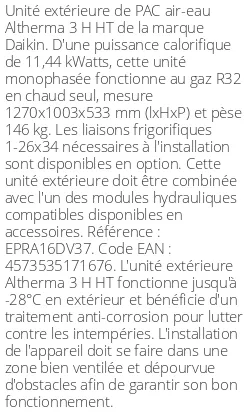 Unité extérieure Altherma 3 H HT 11.44 kWatts Monophasé R32