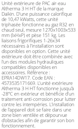 Unité extérieure Altherma 3 H HT 10.05 kWatts Triphasé R32