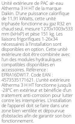 Unité extérieure Altherma 3 H HT 11.44 kWatts Triphasé R32