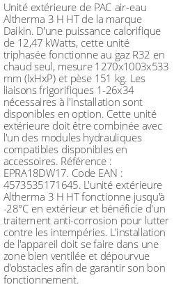 Unité extérieure Altherma 3 H HT 11.97 kWatts Triphasé R32