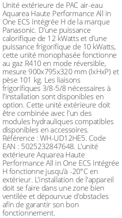 Unité extérieure Aquarea Haute Performance All in One ECS Intégrée H 12 kWatts Monophasé R410