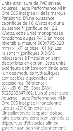 Unité extérieure Aquarea Haute Performance All in One ECS Intégrée H 16 kWatts Monophasé R410