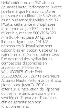 Unité extérieure Aquarea Haute Performance Bi-bloc J 3 kWatts Monophasé R32