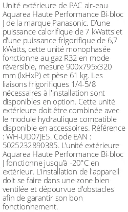 Unité extérieure Aquarea Haute Performance Bi-bloc J 7 kWatts Monophasé R32