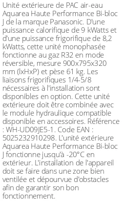 Unité extérieure Aquarea Haute Performance Bi-bloc J 9 kWatts Monophasé R32