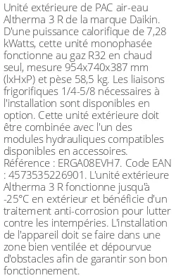 Unité extérieure Altherma 3 R 7.5 kWatts Monophasé R32