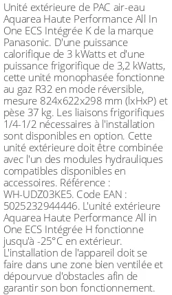 Unité extérieure Aquarea Haute Performance All In One ECS Intégrée K 3 kWatts Monophasé R32