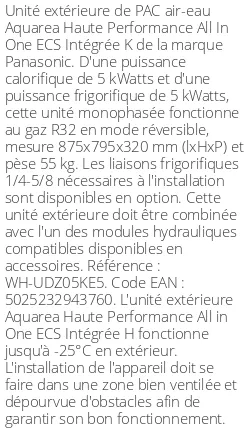 Unité extérieure Aquarea Haute Performance All In One ECS Intégrée K 5 kWatts Monophasé R32