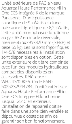 Unité extérieure Aquarea Haute Performance All In One ECS Intégrée K 9 kWatts Monophasé R32