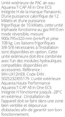 Unité extérieure Aquarea T-CAP All in One ECS Intégrée H 12 kWatts Triphasé R410