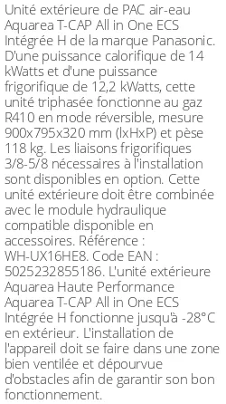 Unité extérieure Aquarea T-CAP All in One ECS Intégrée H 16 kWatts Triphasé R410