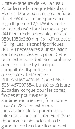 Unité extérieure Zubadan 14 kWatts Triphasé R410