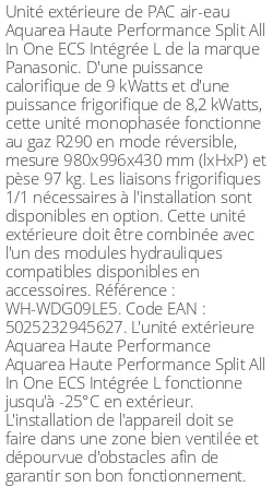 Unité extérieure Aquarea Haute Performance Split All In One ECS Intégrée L 9 kWatts Monophasé R290