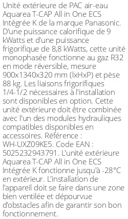 Unité extérieure Aquarea T-CAP All in One ECS Intégrée K 9 kWatts Triphasé R32