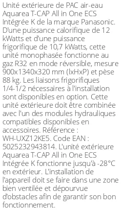 Unité extérieure Aquarea T-CAP All in One ECS Intégrée K 12 kWatts Triphasé R32