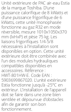 Unité extérieure Estia 8 kWatts Monophasé R32