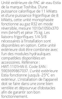 Unité extérieure Estia 11 kWatts Monophasé R32