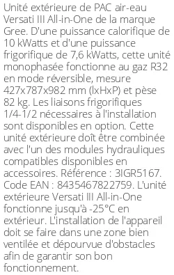 Unité extérieure Versati III All-in-One 10 kWatts Monophasé R32