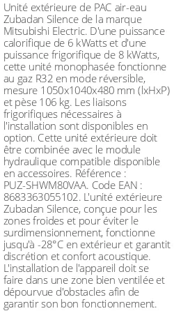 Unité extérieure Zubadan Silence 8 kWatts Monophasé R32