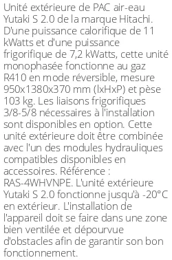 Unité extérieure Yutaki S 2.0 11 kWatts Monophasé R410