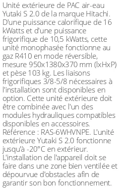 Unité extérieure Yutaki S 2.0 16 kWatts Monophasé R410