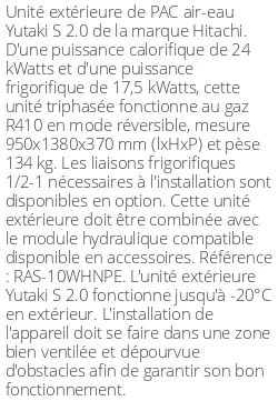 Unité extérieure Yutaki S 2.0 24 kWatts Triphasé R410