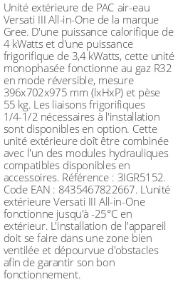 Unité extérieure Versati III All-in-One 4 kWatts Monophasé R32