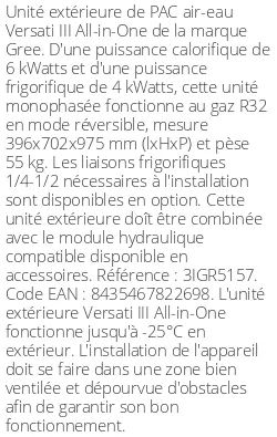 Unité extérieure Versati III All-in-One 6 kWatts Monophasé R32