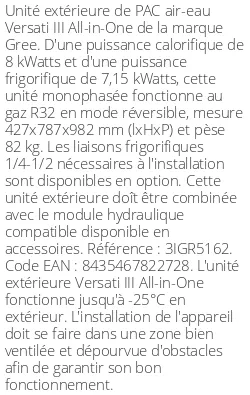 Unité extérieure Versati III All-in-One 8 kWatts Monophasé R32