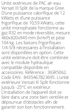 Unité extérieure Versati III Split 12 kWatts Monophasé R32