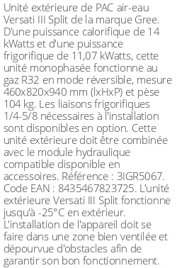 Unité extérieure Versati III Split 14 kWatts Monophasé R32
