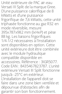 Unité extérieure Versati III Split 8 kWatts Triphasé R32