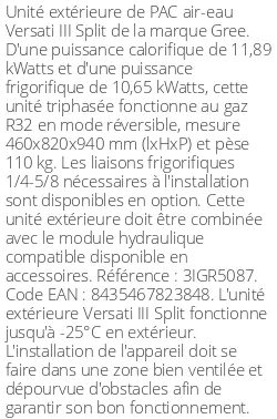 Unité extérieure Versati III Split 12 kWatts Triphasé R32