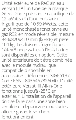 Unité extérieure Versati III All-in-One 12 kWatts Monophasé R32