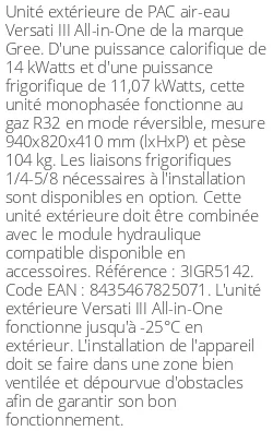 Unité extérieure Versati III All-in-One 14 kWatts Monophasé R32