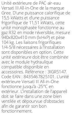 Unité extérieure Versati III All-in-One 15.5 kWatts Monophasé R32