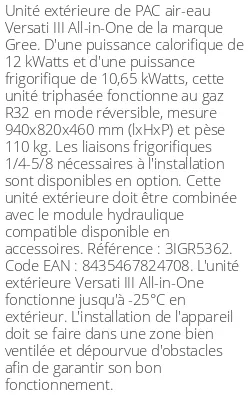 Unité extérieure Versati III All-in-One 12 kWatts Triphasé R32