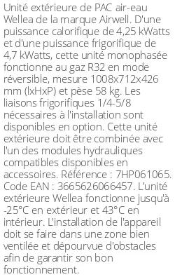 Unité extérieure Wellea 4.25 kWatts Monophasé R32