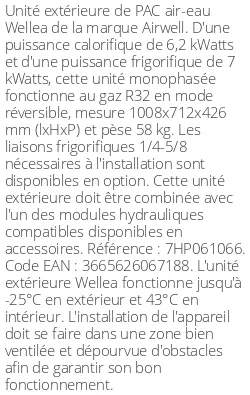 Unité extérieure Wellea 6.2 kWatts Monophasé R32