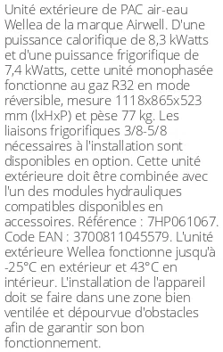 Unité extérieure Wellea 8.3 kWatts Monophasé R32