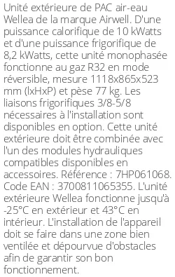 Unité extérieure Wellea 10 kWatts Monophasé R32