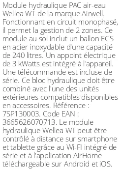 Module hydraulique Wellea WT 12.1/16 kWatts 240 Litres Monophasé R32