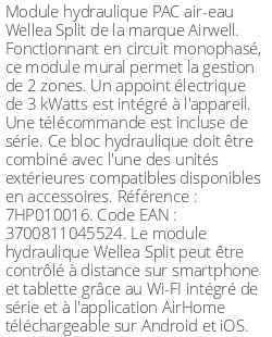 Module hydraulique Wellea Split 8.3/10 kWatts Monophasé R32