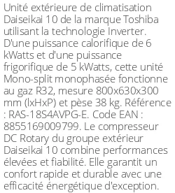 Unité extérieure Daiseikai 10 6 kWatts - Toshiba - Réf : RAS-18S4AVPG-E