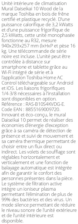 Split mural Daiseikai 10 - 3.2 kWatts Bois - Toshiba - Réf : RAS-B10S4KVDG-E