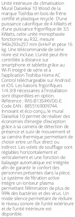 Split mural Daiseikai 10 - 4 kWatts Bois - Toshiba - Réf : RAS-B13S4KVDG-E