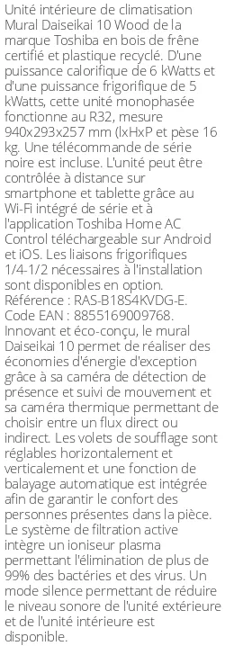 Split mural Daiseikai 10 - 6 kWatts Bois - Toshiba - Réf : RAS-B18S4KVDG-E