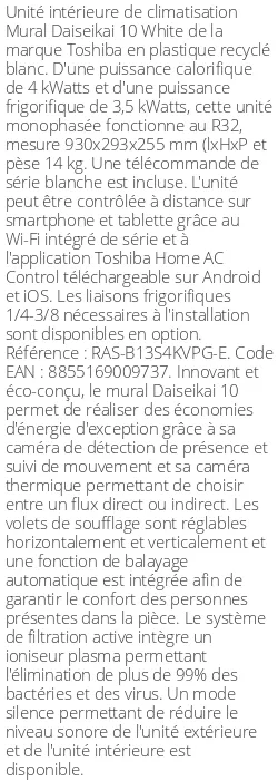 Split mural Daiseikai 10 - 4 kWatts Blanc - Toshiba - Réf : RAS-B13S4KVPG-E